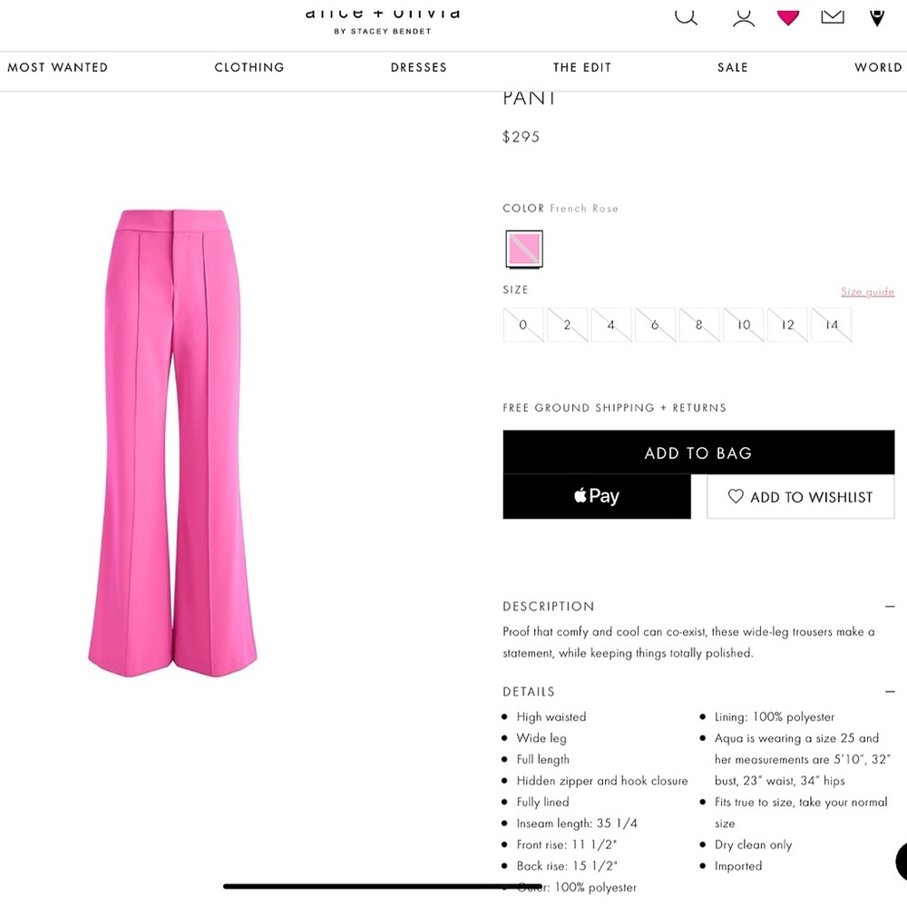 Alice + Olivia Dylan High Waisted Wide Leg Pink Pant - Picture 3 of 12
